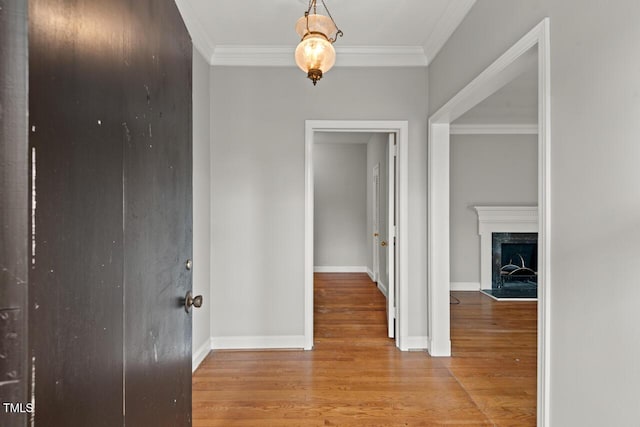 hall with wood finished floors, crown molding, and baseboards
