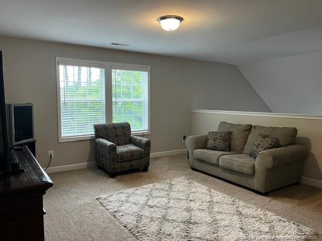 116 Georgia Dr, Raeford, NC 28376 - living area with carpet floors, vaulted ceiling, and baseboards