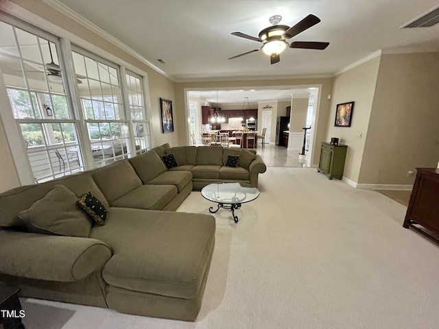 living room featuring baseboards, a ceiling fan, crown molding, carpet floors, and a chandelier