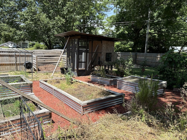 704 S Mineral Springs Rd, Durham, NC 27703 - view of outbuilding featuring a garden and a fenced backyard