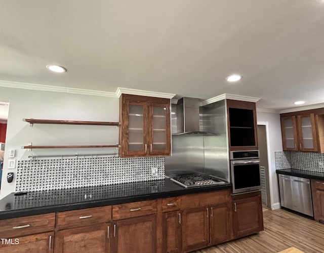 704 S Mineral Springs Rd, Durham, NC 27703 - kitchen featuring open shelves, appliances with stainless steel finishes, wall chimney range hood, crown molding, and backsplash