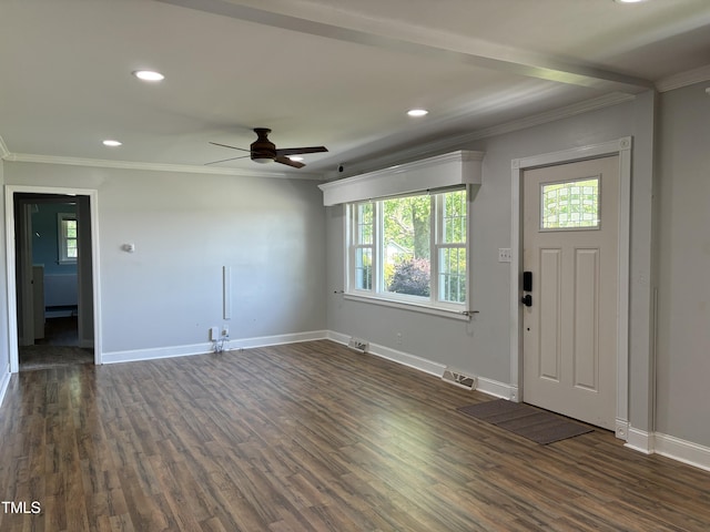 704 S Mineral Springs Rd, Durham, NC 27703 - entrance foyer featuring plenty of natural light, crown molding, dark wood-style floors, ceiling fan, and baseboards