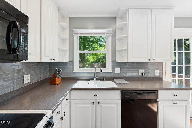 kitchen featuring black appliances, open shelves, a sink, backsplash, and crown molding