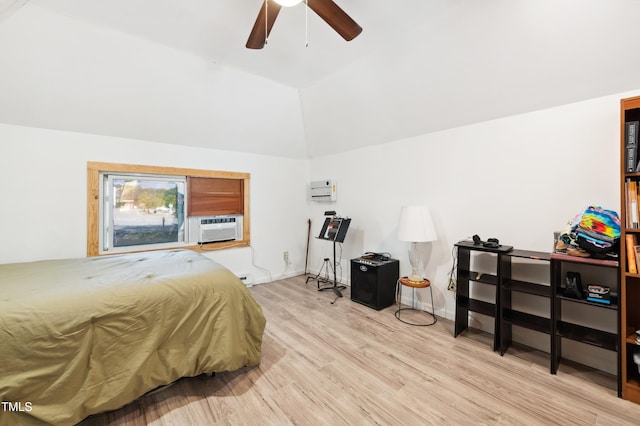 bedroom featuring lofted ceiling, light wood-type flooring, ceiling fan, and cooling unit