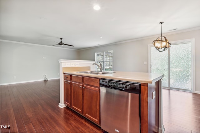 kitchen featuring stainless steel dishwasher, a sink, dark wood-style flooring, a ceiling fan, and baseboards