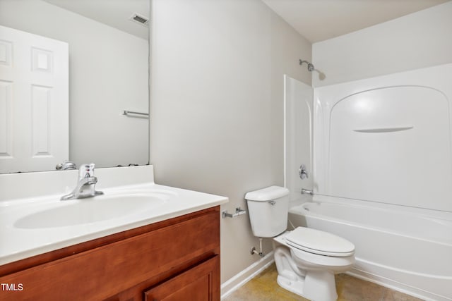 bathroom featuring toilet, shower / tub combination, tile patterned floors, vanity, and baseboards