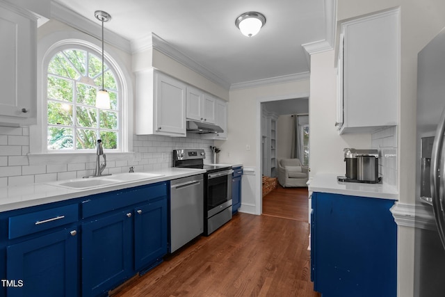 kitchen featuring a sink, appliances with stainless steel finishes, blue cabinetry, under cabinet range hood, and light countertops