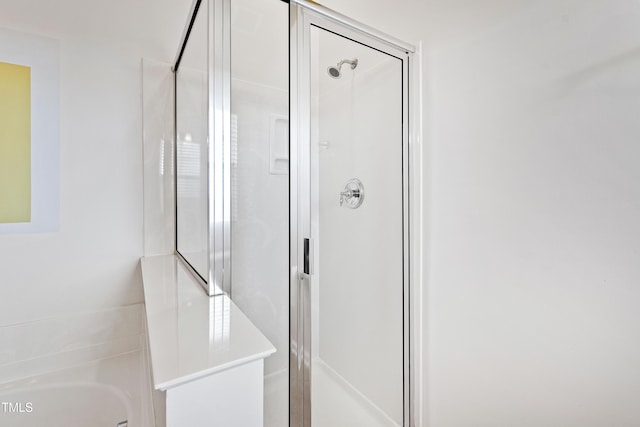bathroom with a stall shower and a tub