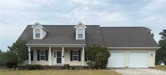 cape cod home with driveway, a porch, an attached garage, roof with shingles, and a front lawn
