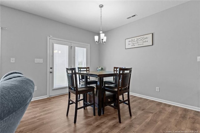 308 Laurel Lake Rd, Salemburg, NC 28385 - dining area featuring a chandelier, wood finished floors, and baseboards