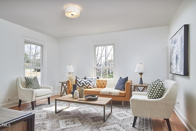 living room with plenty of natural light, wood finished floors, and baseboards