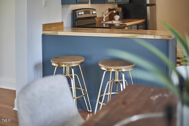 bar featuring electric stove, a sink, wood finished floors, and baseboards
