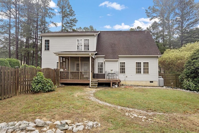 151 Donnibrook Run, Fuquay Varina, NC 27526 - rear view of property with crawl space, a sunroom, a wooden deck, and a shingled roof