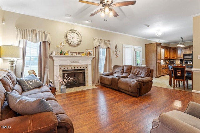 151 Donnibrook Run, Fuquay Varina, NC 27526 - living area featuring a ceiling fan, crown molding, light wood-style flooring, and a fireplace