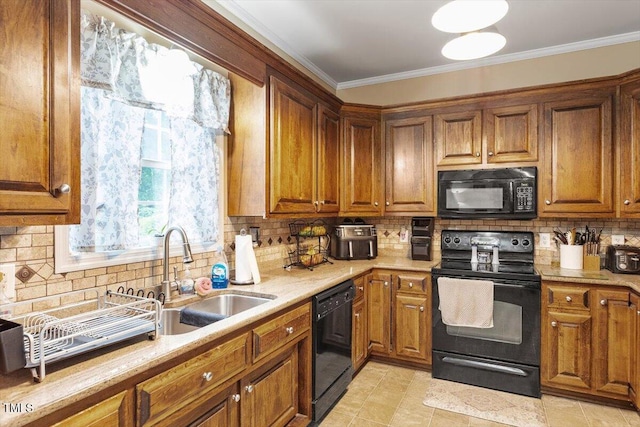 151 Donnibrook Run, Fuquay Varina, NC 27526 - kitchen featuring black appliances, brown cabinets, crown molding, backsplash, and a sink