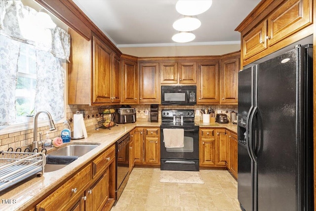 151 Donnibrook Run, Fuquay Varina, NC 27526 - kitchen with black appliances, brown cabinetry, ornamental molding, and decorative backsplash