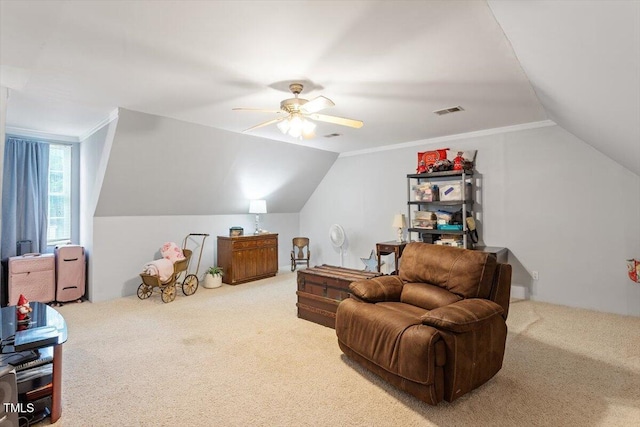 151 Donnibrook Run, Fuquay Varina, NC 27526 - living area featuring carpet floors, vaulted ceiling, and ceiling fan