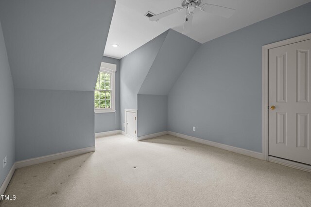 bonus room with carpet floors, baseboards, vaulted ceiling, a ceiling fan, and recessed lighting