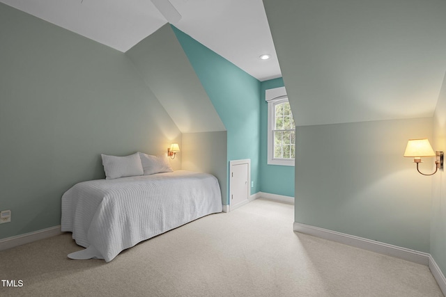 bedroom featuring vaulted ceiling, baseboards, carpet floors, and recessed lighting