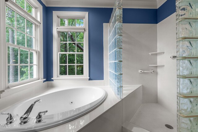 full bathroom featuring healthy amount of natural light, a jetted tub, and crown molding