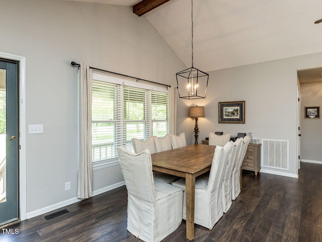 dining space with beam ceiling, dark wood finished floors, a chandelier, baseboards, and high vaulted ceiling