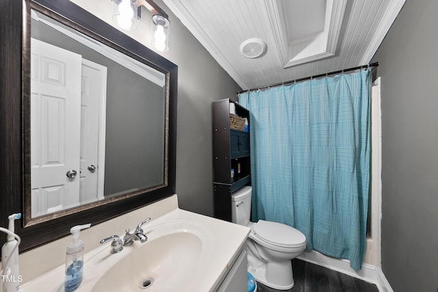 109 Winding Creek Dr, Youngsville, NC 27596 - full bathroom featuring vanity, toilet, a shower with shower curtain, ornamental molding, and wood finished floors