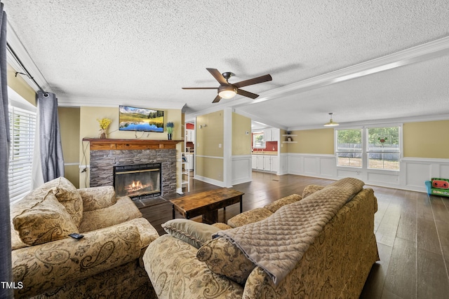 109 Winding Creek Dr, Youngsville, NC 27596 - living room with a textured ceiling, crown molding, a stone fireplace, a wainscoted wall, and a ceiling fan