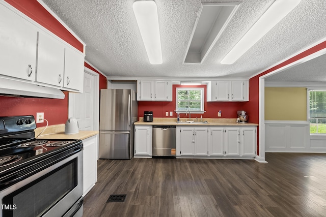 109 Winding Creek Dr, Youngsville, NC 27596 - kitchen featuring stainless steel appliances, a sink, light countertops, under cabinet range hood, and white cabinets
