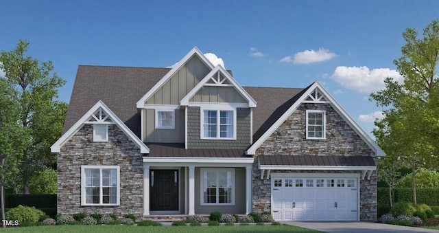 craftsman inspired home with board and batten siding, a standing seam roof, concrete driveway, and stone siding