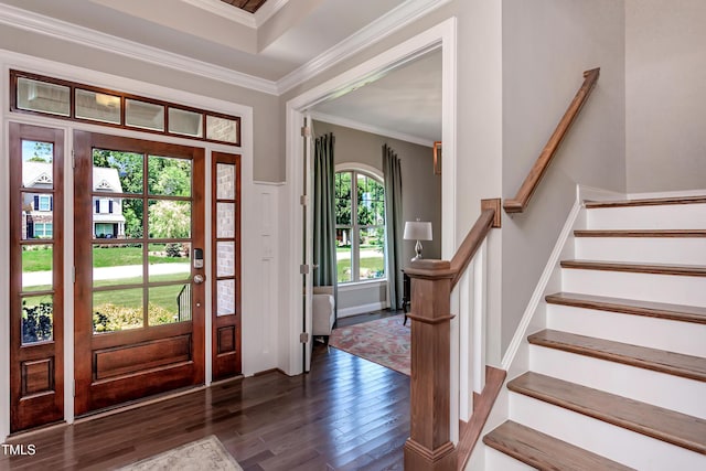 entrance foyer featuring dark wood finished floors, crown molding, and stairs