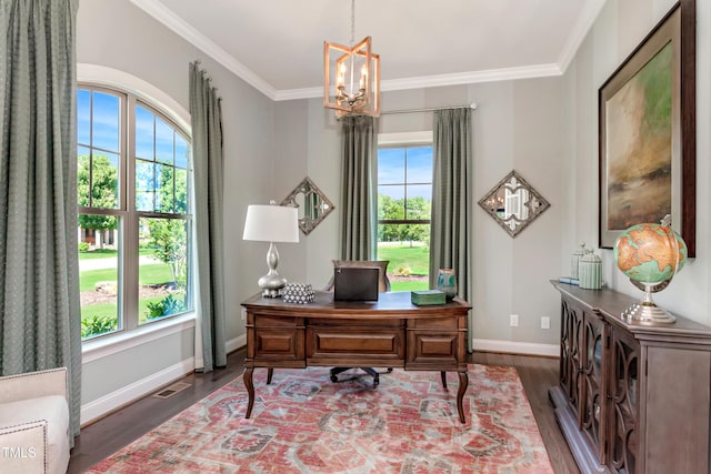 office area featuring a chandelier, wood finished floors, ornamental molding, and baseboards