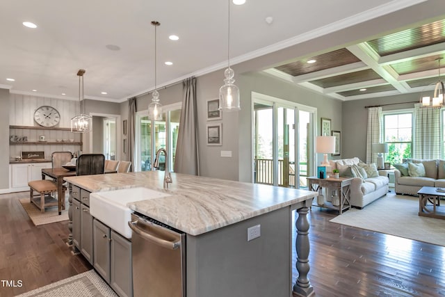 kitchen with stainless steel dishwasher, gray cabinetry, recessed lighting, dark wood-style floors, and a sink