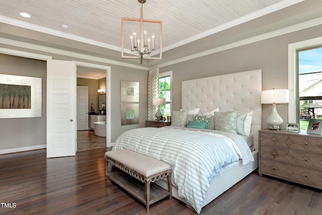 bedroom with a chandelier, dark wood finished floors, baseboards, and ornamental molding