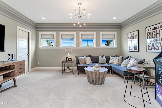 living room featuring a chandelier, carpet flooring, and baseboards