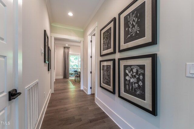 318 Ivy Ridge Rd, Chapel Hill, NC 27516 - corridor with ornamental molding, dark wood-type flooring, and baseboards