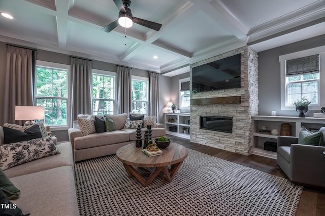 318 Ivy Ridge Rd, Chapel Hill, NC 27516 - living area with wood finished floors, plenty of natural light, coffered ceiling, a fireplace, and beam ceiling