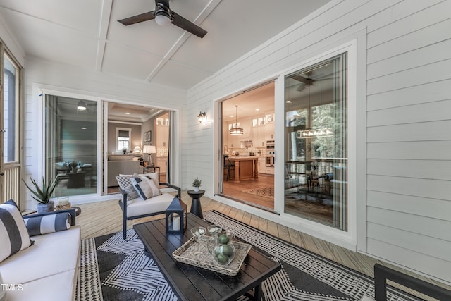 318 Ivy Ridge Rd, Chapel Hill, NC 27516 - sunroom with ceiling fan, outdoor lounge area, and coffered ceiling