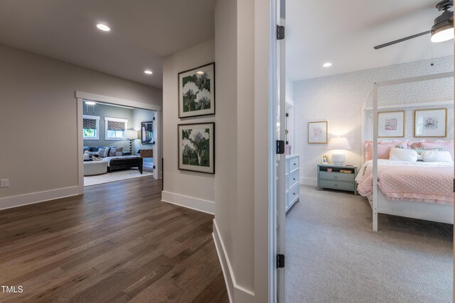 318 Ivy Ridge Rd, Chapel Hill, NC 27516 - bedroom with baseboards, dark wood-type flooring, wallpapered walls, recessed lighting, and a ceiling fan