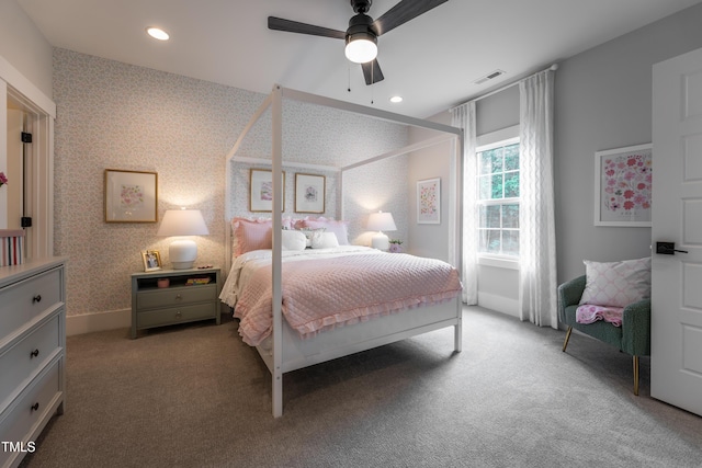 318 Ivy Ridge Rd, Chapel Hill, NC 27516 - carpeted bedroom with wallpapered walls, recessed lighting, baseboards, and a ceiling fan