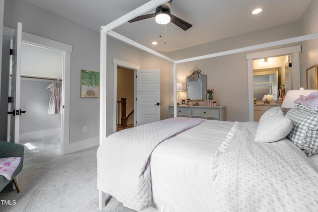 318 Ivy Ridge Rd, Chapel Hill, NC 27516 - bedroom featuring light carpet, recessed lighting, a walk in closet, baseboards, and ceiling fan