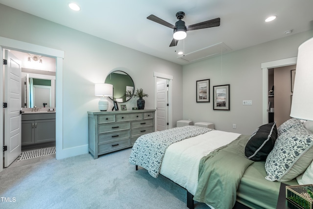 318 Ivy Ridge Rd, Chapel Hill, NC 27516 - bedroom featuring attic access, light carpet, recessed lighting, a sink, and ensuite bath