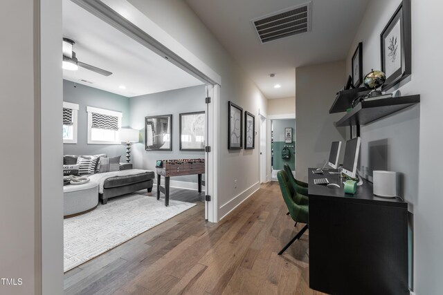 318 Ivy Ridge Rd, Chapel Hill, NC 27516 - office area featuring hardwood / wood-style flooring, baseboards, ceiling fan, and recessed lighting