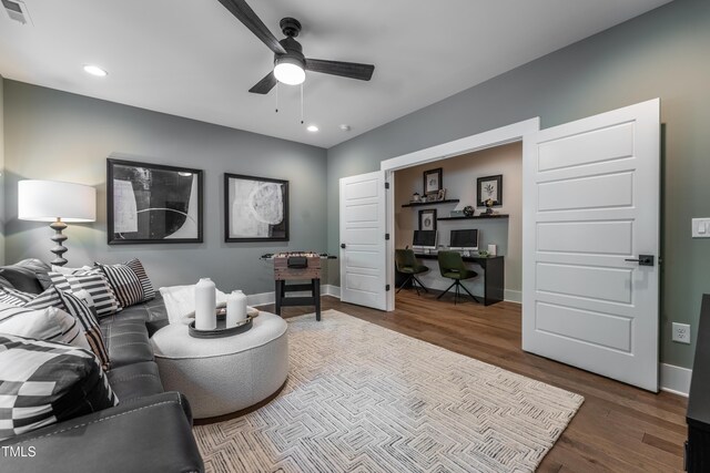 318 Ivy Ridge Rd, Chapel Hill, NC 27516 - living area with a ceiling fan, an office area, wood finished floors, baseboards, and recessed lighting
