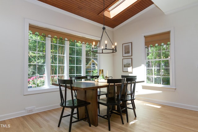 dining space with a chandelier, a skylight, wooden ceiling, light wood finished floors, and baseboards