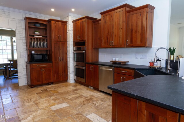 kitchen with ornamental molding, stainless steel appliances, open shelves, a sink, and tasteful backsplash