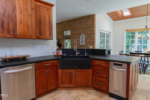 kitchen with stainless steel dishwasher, a sink, a peninsula, ornamental molding, and brown cabinetry