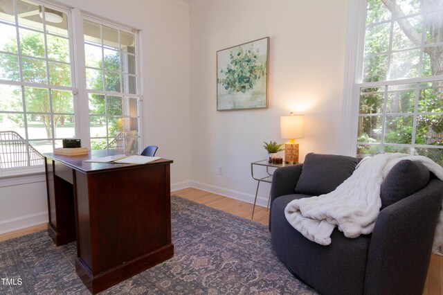home office with plenty of natural light, baseboards, and wood finished floors