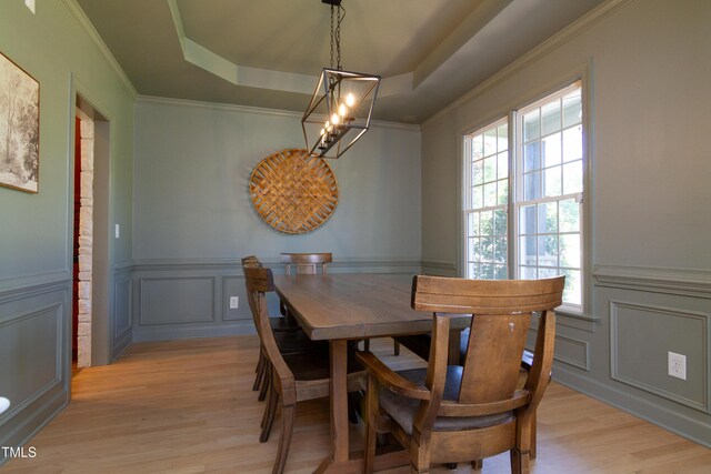 dining space featuring a raised ceiling, a decorative wall, a chandelier, light wood-type flooring, and a wainscoted wall