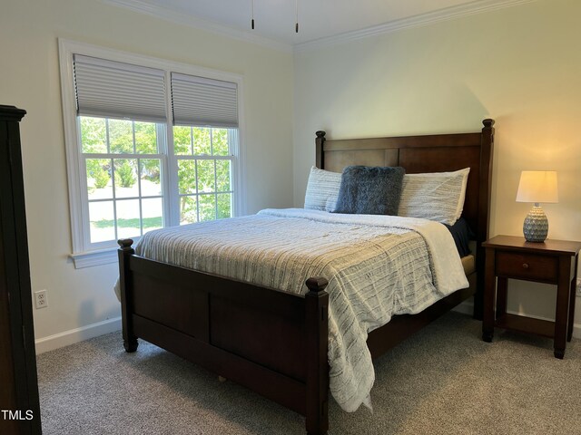 carpeted bedroom featuring crown molding and baseboards