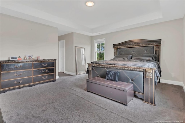 carpeted bedroom with baseboards and a raised ceiling